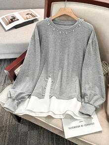 Modelyn 1pc Black Long Sleeve Sweatshirt For Women, Fashion Studded Design Top - Grey - View 1