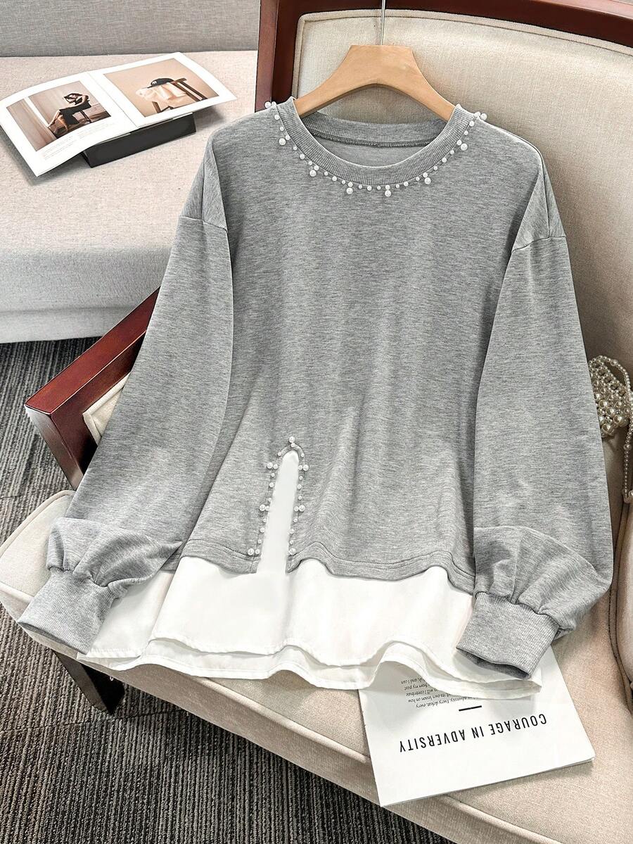 Modelyn 1pc Black Long Sleeve Sweatshirt For Women, Fashion Studded Design Top - Grey - View 1