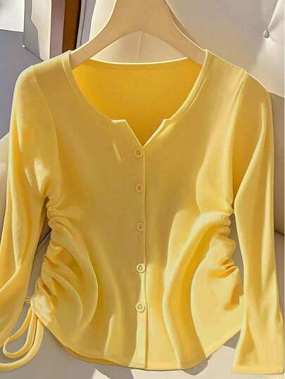 Franclia 大码女式休闲纯色褶皱长袖上衣