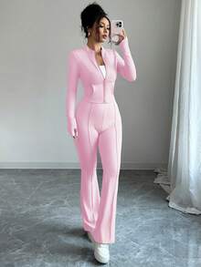 INAWLY 女式紧身拉链短款上衣，中式立领，喇叭裤，两件套 - 淺粉色 - 查看 3