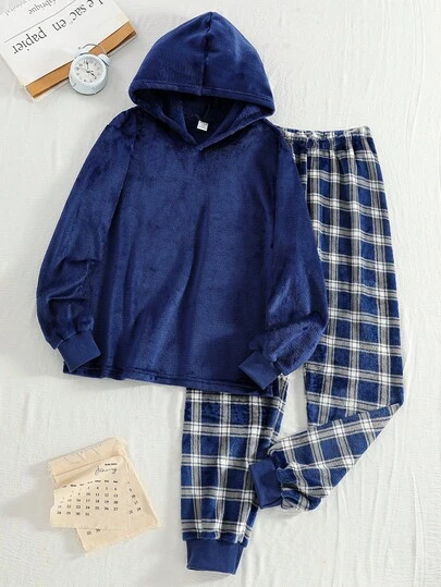 2pcs Men & Teenage Boys Solid Navy Blue Comfortable Flannel Pajama Set, Long Sleeve Top And Pants, Autumn/Winter