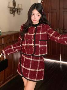 DAZY 女士优雅图案外套和裙子两件套，适合秋季、新年、圣诞节穿着 - 酒紅色 - 查看 8