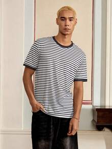 SWAVVY Men's Striped Print Crew Neck Casual Versatile Summer Short Sleeve T-Shirt - Multicolor - View 4