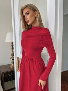 Elenzga 优雅浪漫修身A字露肩高领长袖连衣裙（女款） - 紅色 - 查看 6