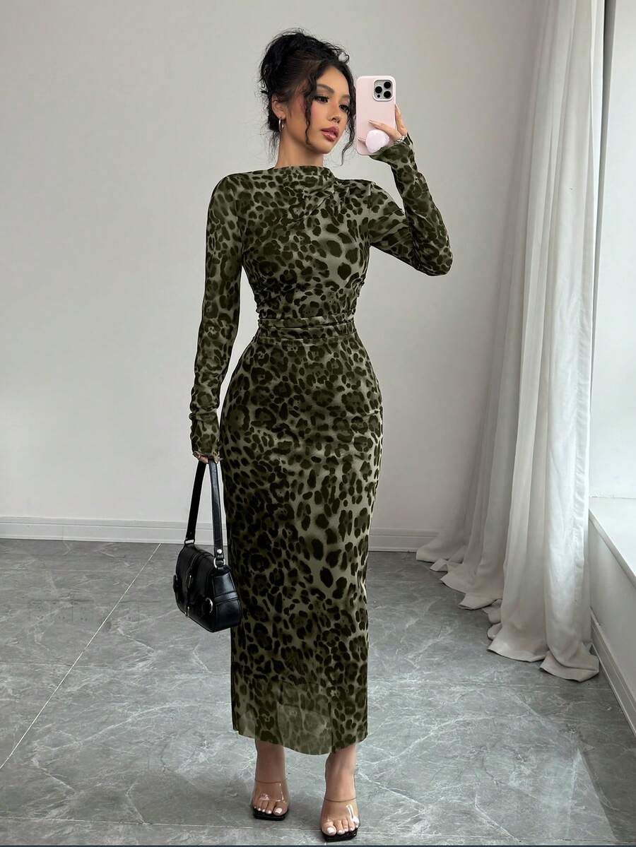Elenzga Women's Elegant Leopard Print Elastic Mesh Ruched Bodycon Dress - Dark Green - View 1