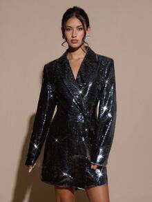 SHEIN BAE 女式翻领长袖束腰优雅时尚西装外套 - 黑色 - 查看 6