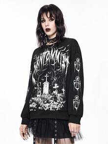 ROMWE Goth 哥特十字架和墓碑印花套头卫衣，暗黑恐怖氛围 - 黑色 - 查看 5