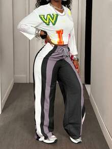 BamGleam Quần ống rộng cạp cao có dây rút màu tương phản thời trang dạo phố dành cho nữ - Đen và trắng - Xem 5