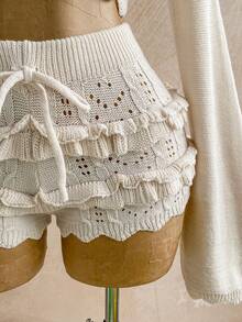 Soleia 2pcs Women's Fashionable Sexy Off-Shoulder Tie-Up Sweater Set - Apricot - View 5