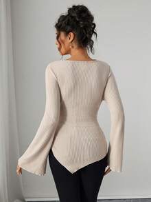 SHEIN 孕妇高领喇叭袖不对称下摆抽绳T恤，女士秋冬服装 - 杏色 - 查看 2