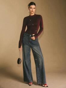 Poéselle Women's Elegant Fashionable Burgundy Rhinestone Fitted Long Sleeve T-Shirt ,With Thumb Hole, Sparkly Top, New Year, Elegant Women's Top, Christmas Party ,Party, Elegant Party, Suitable For Daily Wear, Party, Going Out, Commuting, Fall/Winter - Burgundy - View 3