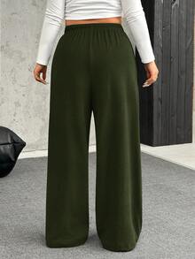 SHEIN EZwear 加大码橄榄绿抓绒保暖舒适休闲抽绳宽松裤 - 軍綠色 - 查看 2