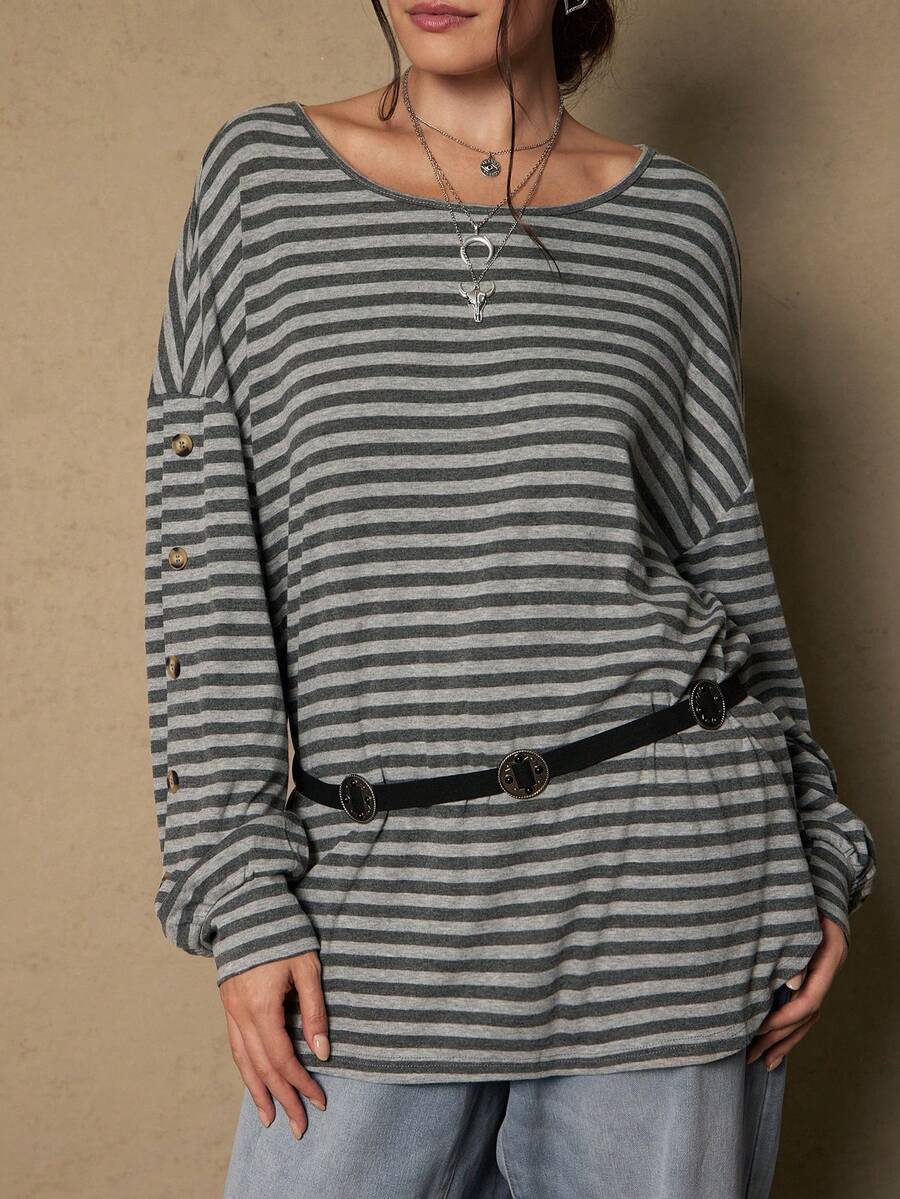 SHEIN VCAY Atasan Wanita Ukuran Besar Kasual & Pakaian Rumahan dengan Detail Kancing Lembut dan Longgar, Motif Garis Abu-abu, Atasan Serbaguna - Grey - View 1