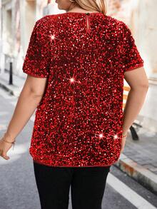 SHEIN Clasi Plus Size Round Neck Raglan Short Sleeve Shiny Fashion Shirt - Red - View 2