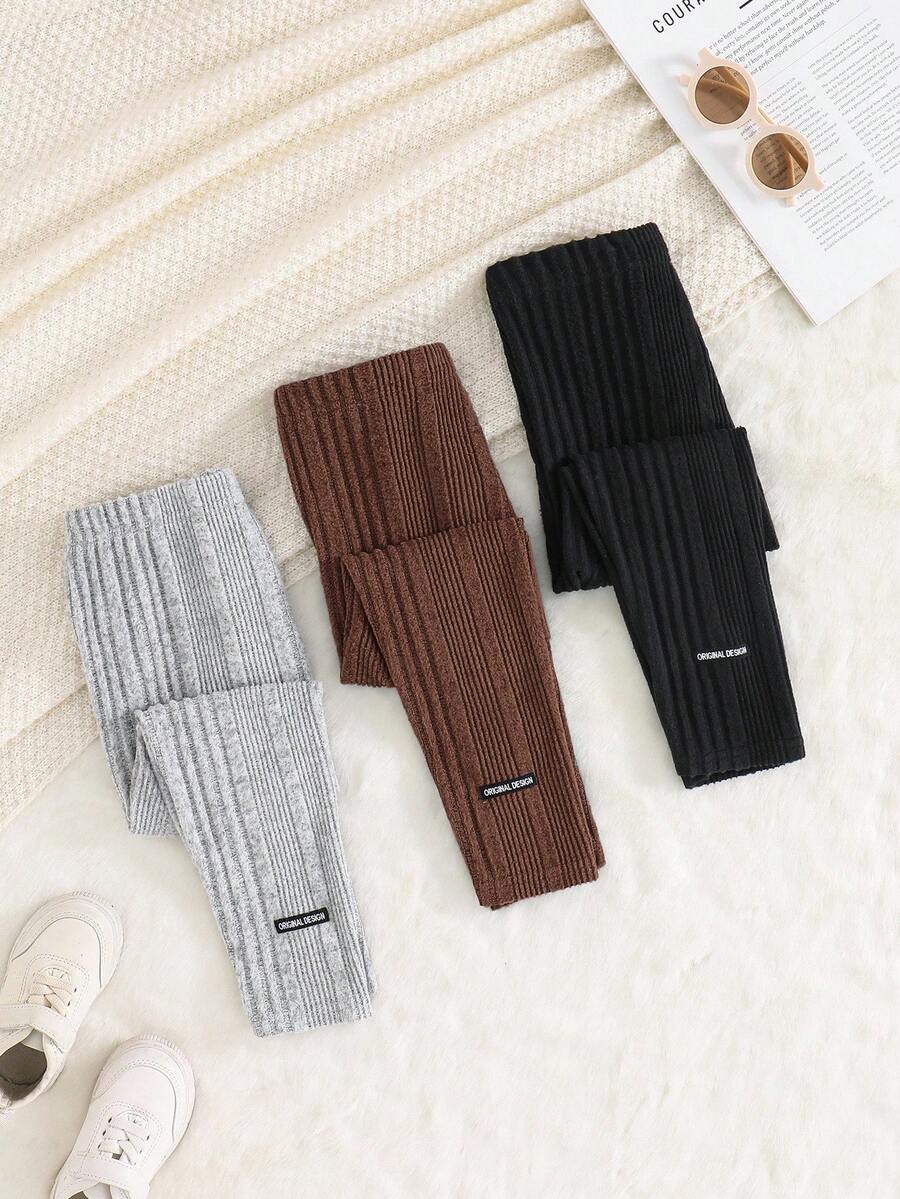 SHEIN Conjunto de 3 peças de leggings básicas casuais para meninas, em cores sólidas, com barra canelada em tricô, leggings confortáveis para o dia a dia em jacquard, ideais para outono/inverno.