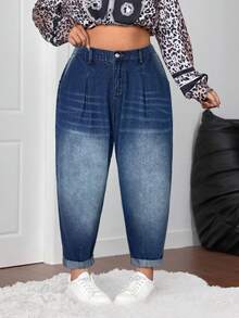 Firerie EZwear 大码黑色锥形七分宽松牛仔裤，高腰褶皱细节卷边裤脚，S码，休闲通勤裤 - 深色水洗藍 - 查看 6