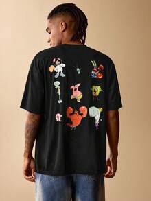 SpongeBob SquarePants | SHEIN Men's Casual Cartoon Pattern Round Neck Short Sleeve T-Shirt, Autumn - Black - View 3