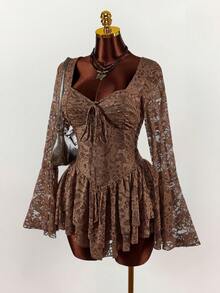 Vestido de línea A con cintura ceñida y escote bajo para mujer de talla grande - Multicolor - Ver 4