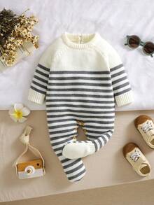 SHEIN 1pc Newborn Striped Crew Neck Long Sleeve Romper, Casual & Minimalist Design - Grey - View 5