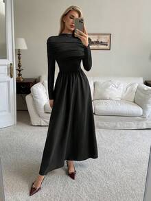 Elenzga Đầm suông trễ vai cổ cao tay dài dáng chữ A thanh lịch, lãng mạn, ôm sát eo dành cho nữ - màu đen - Xem 6