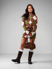 MISSGUIDED Argyle Knitted Cardigan Mini Skirt Co-Ord Set Fall Winter Diamond Pattern Sweater Outfit - Multicolor - View 3