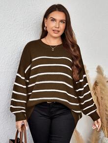 EMERY ROSE Plus Size Loose Fit Plus Size Faux Cashmere Pullover Sweater With Contrast Color Stripes In Fall/Winter - Brown - View 5