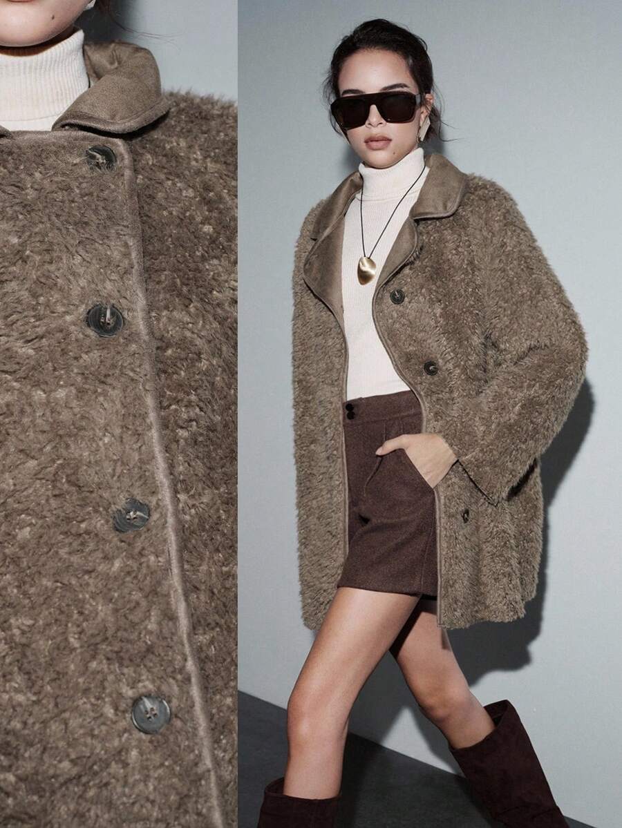 SHEIN Luminelle Chaqueta casual de mujer con cuello de solapa, manga larga y botones frontales - Marrón Mocha - Ver 1