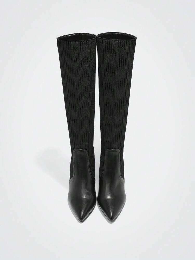 Fashionable Pointed Toe High Heel Lacquered Heel Casual Versatile Slip-On Black Knee-High Boots For Women