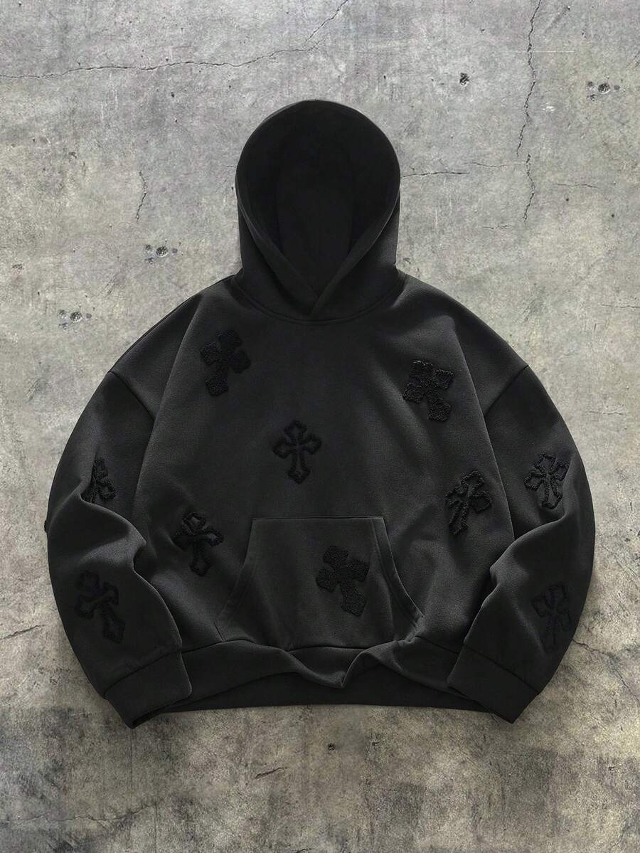 AXEPEAK Casual Street Hip Hop 3D Cross Embroidery Loose Pocket Hoodie Sweatshirt For Men - Black - View 1