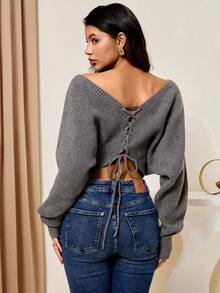 Lyxana Women's V-Neck Tie Front/Back Reversible Knit Top - Grey - View 1