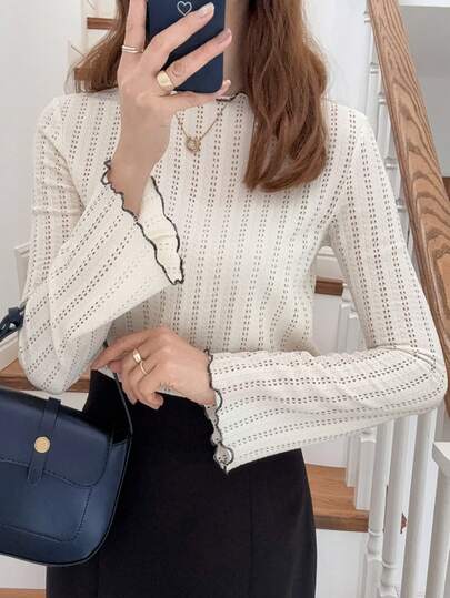 FRIFUL Women's Textured Hollow-Out Fabric Flared Sleeve Contrast Trim T-Shirt