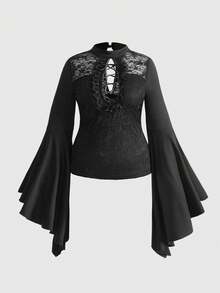 ROMWE EDITION Christmas Plus Size Gothic Lace Sexy Hollow Design Flare Sleeve Top - Black - View 1