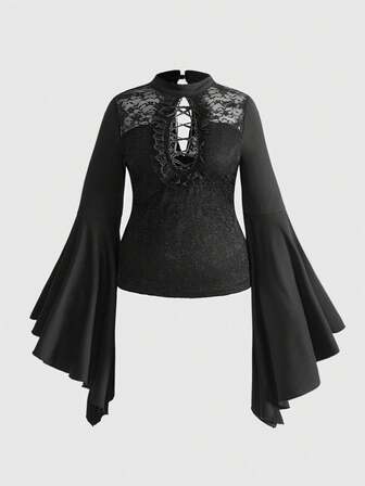 Goth Christmas Plus Size Gothic Lace Sexy Hollow Design Flare Sleeve Top