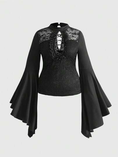 ROMWE EDITION Christmas Plus Size Gothic Lace Sexy Hollow Design Flare Sleeve Top