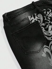 ROMWE Goth 哥特式复古花卉印花修身性感弹力大码喇叭牛仔裤 - 黑色 - 查看 5