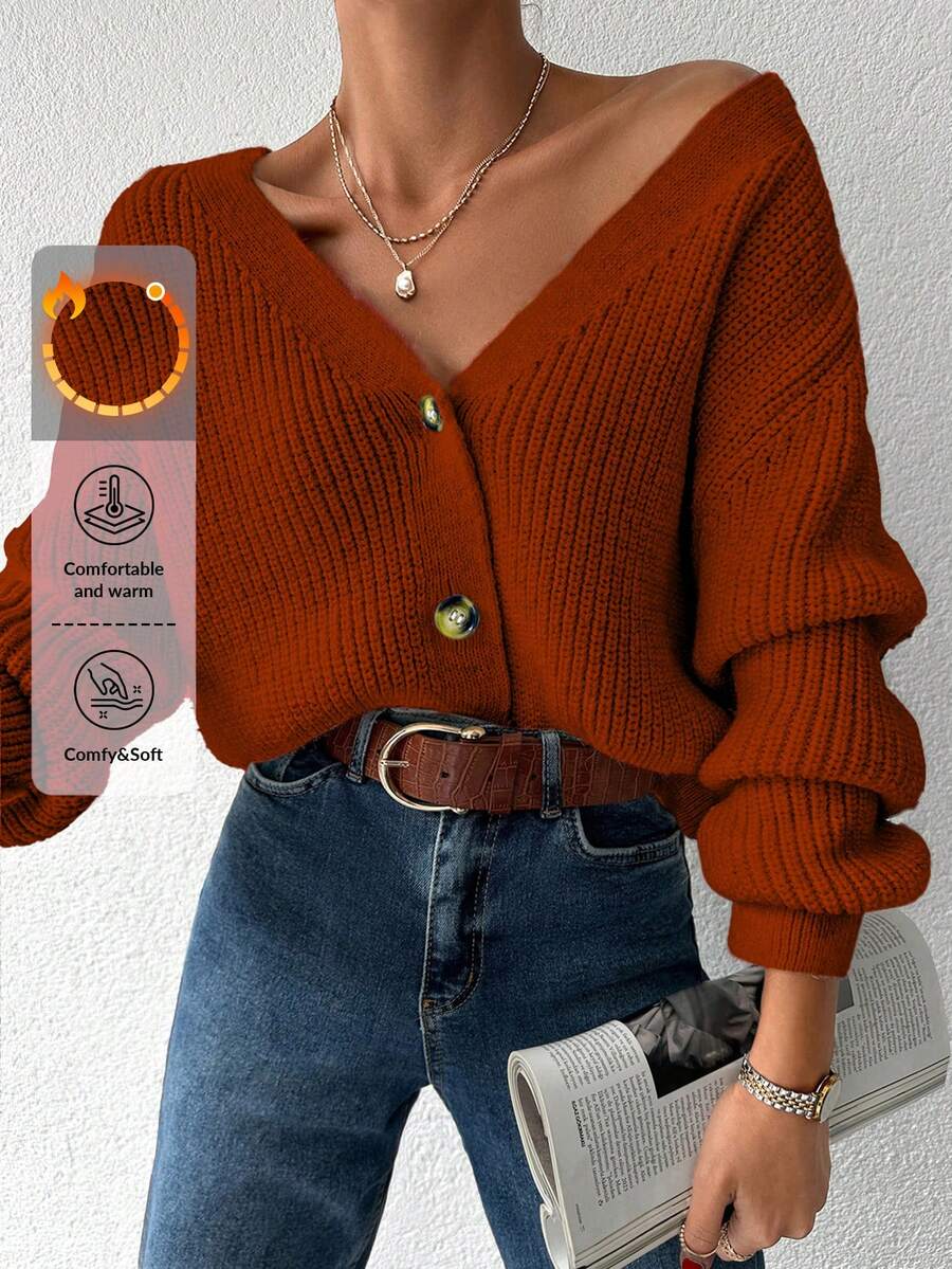 EURMUSE Women's Simple Solid Color Cardigan, Casual For Autumn/Winter - Redwood - View 1
