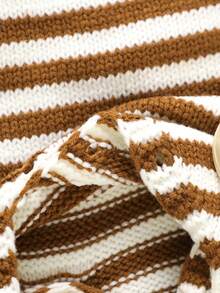 SHEIN 1pc Newborn Striped Crew Neck Long Sleeve Romper, Casual & Minimalist Design - Coffee Brown - View 8