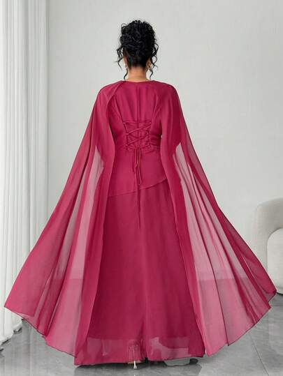 SHEIN Tall CURVE Plus Size Women's Elegant Middle Eastern Style Vintage French Chic Layered Dress, Adjustable Waist, Bell Sleeves And Draped Shoulders, Suitable For Parties, Autumn/Winter Women's Clothing, Club Party, Elegant, Formal Women Dresses, Evening Dress