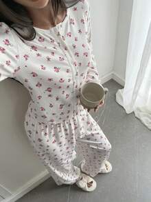 Livesso 女士休闲碎花圆领两件套家居服，秋冬款 - 白色 - 查看 7