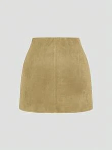 Sweetra Brown Pleated Asymmetric Decorative Zipper Back Faux Suede Fuzzy Short Skirt, Minimalist Commuter Style, Plus Size, Autumn/Winter - Khaki - View 2
