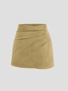 Sweetra Brown Pleated Asymmetric Decorative Zipper Back Faux Suede Fuzzy Short Skirt, Minimalist Commuter Style, Plus Size, Autumn/Winter - Khaki - View 3