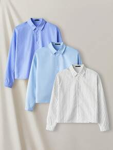 Manfinity VCAY 3pcs/Set Men's Woven Fashion Casual Striped Pocket Long Sleeve Shirts - Multicolor - View 7