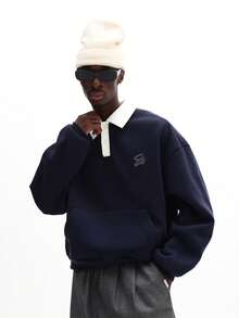 SUMWON 宽松版型 Polo 衫，撞色领口和中央口袋，休闲橄榄球风格长袖纯色款 - 藍色 - 查看 3