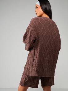 MISSGUIDED Bộ đồ phối áo len cardigan và quần short dệt kim cỡ lớn cho nữ mặc nhà mùa thu đông ấm áp - màu nâu - Xem 2
