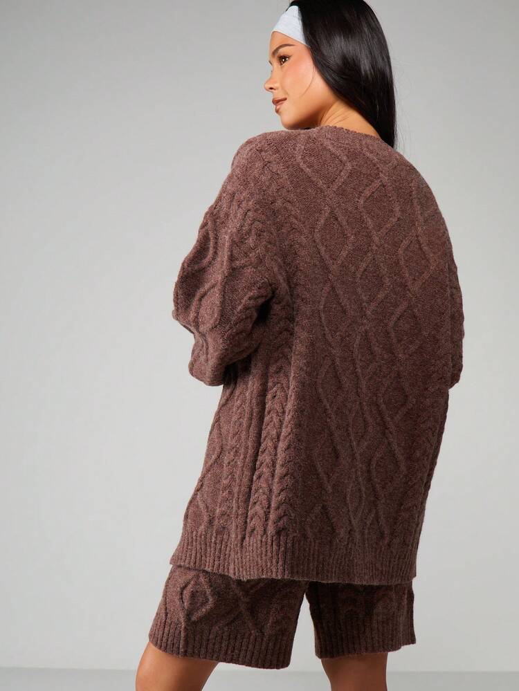 MISSGUIDED Conjunto de Cardigan de Tricô Trançado Oversized e Shorts para Mulheres, Roupa de Descanso Aconchegante para Outono e Inverno