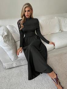 Elenzga Đầm suông trễ vai cổ cao tay dài dáng chữ A thanh lịch, lãng mạn, ôm sát eo dành cho nữ - màu đen - Xem 7