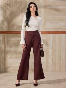 Modelyn Quần ống loe trơn màu đơn giản, thanh lịch, thời trang nữ mới đa năng khi đi làm - Cà phê nâu - Xem 7