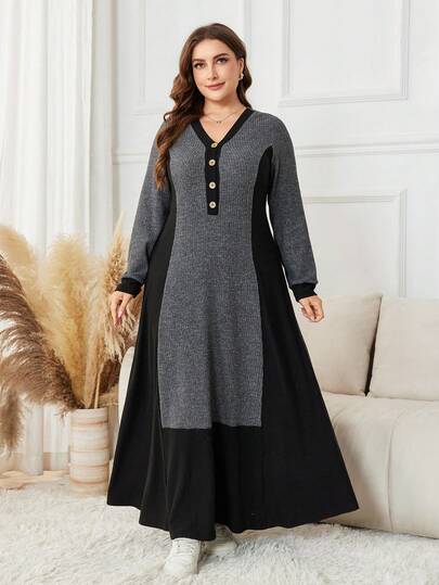 Lacomfia Plus Size Color Block Long Sleeve Knit Casual Comfortable Long Ribbed Sweater Dress