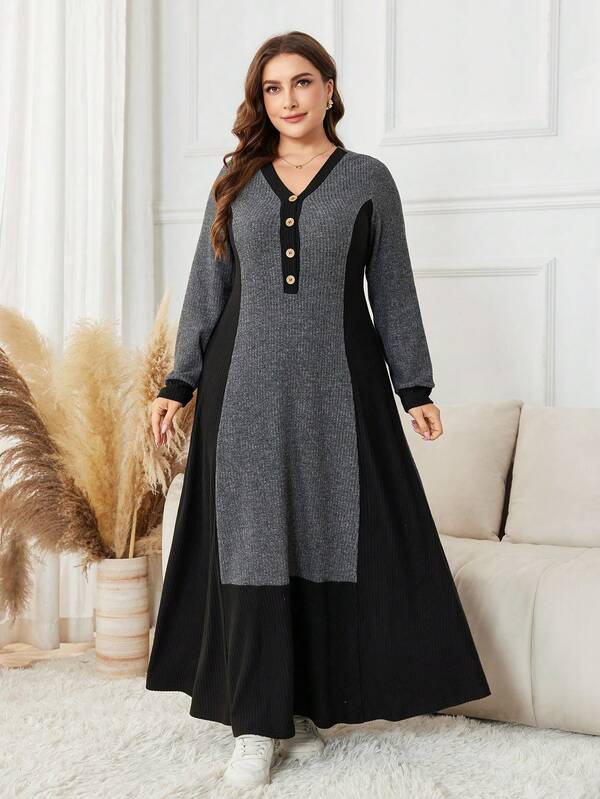 Lacomfia Vestido de suéter de manga larga de bloque de color talla grande, cómodo y casual de punto acanalado