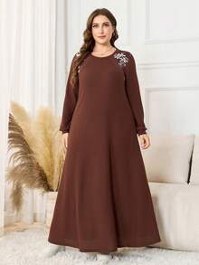 Lacomfia Vestido de estar por casa casual de talla grande para mujer con textura de tela de parches florales - Café integral - Ver 3